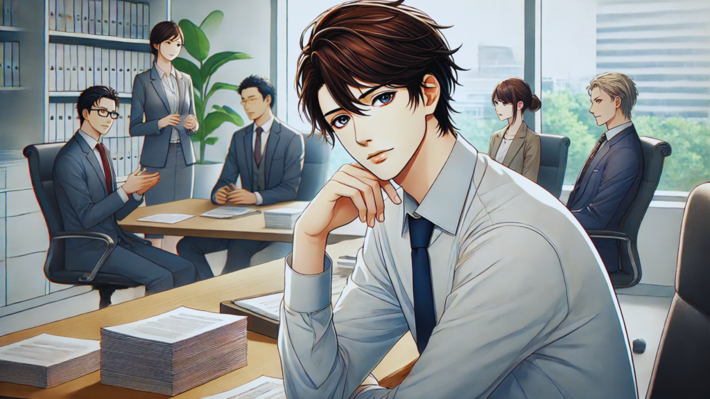 a handsome person aged 25 to 35, sitting alone at a desk in a professional setting, looking thoughtful and slightly hesitant. a handsome person aged 25 to 35, sitting alone at a desk in a professional setting, looking thoughtful and slightly hesitant.