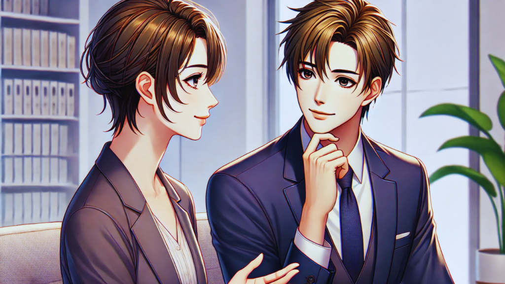 two people aged 25 to 35, facing each other in a thoughtful conversation. One person is actively listening, smiling, and nodding while the other speaks with animation and expressive gestures.