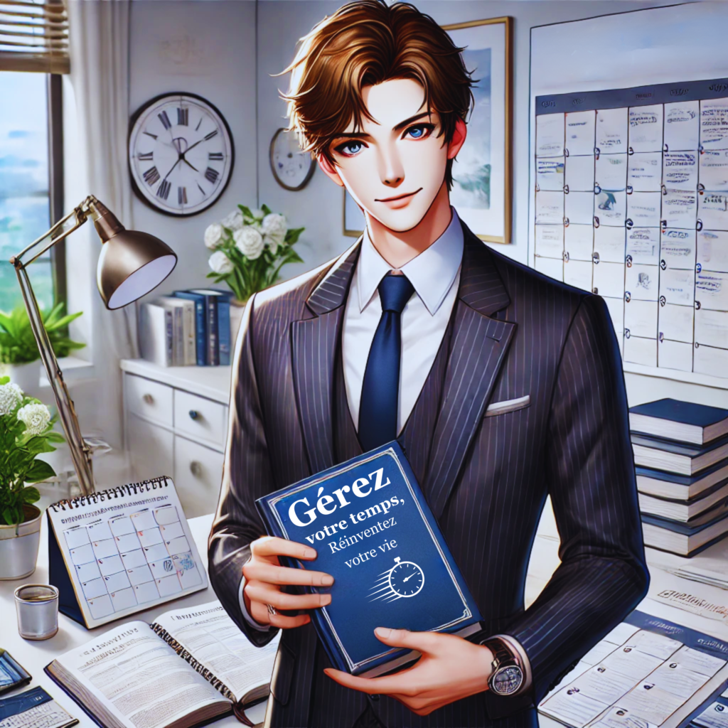anime Slice of Life Mixit Iyashikei moderne personne intellectuelle hyperréaliste (18) d'un personnage masculin âgé de 25 à 35 ans, debout ou assis dans un environnement lumineux et bien organisé. Le personnage tient un livre intitulé « Gérer son temps, réinventer sa vie ». Autour de lui se trouvent des éléments de planification tels qu'un calendrier, un agenda et un carnet de notes, indiquant une gestion efficace du temps.