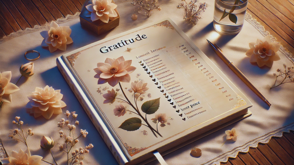 d'un journal de gratitude ouvert, posé sur une table. Le journal affiche une liste de gratitude visible, entourée de petites fleurs, symbolisant la paix intérieure et la reconnexion à soi grâce à cette pratique quotidienne. L'atmosphère est sereine et apaisante, avec des couleurs douces et des éléments naturels. d'un journal de gratitude ouvert, posé sur une table. Le journal affiche une liste de gratitude visible, entourée de petites fleurs, symbolisant la paix intérieure et la reconnexion à soi grâce à cette pratique quotidienne. L'atmosphère est sereine et apaisante, avec des couleurs douces et des éléments naturels.