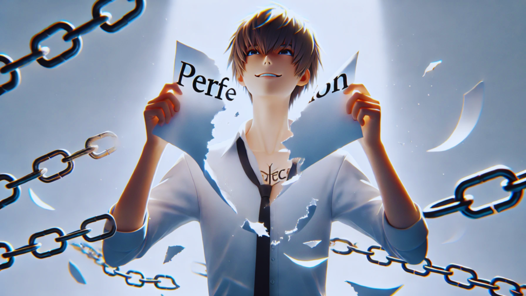 d'un personnage masculin qui déchire un morceau de papier sur lequel est écrit le mot « Perfection », tout en souriant. Derrière lui, des chaînes brisées symbolisent la libération d'attentes irréalistes. L'atmosphère est légère et stimulante, témoignant d'un sentiment de liberté et de soulagement lorsque le personnage se défait de son perfectionnisme.