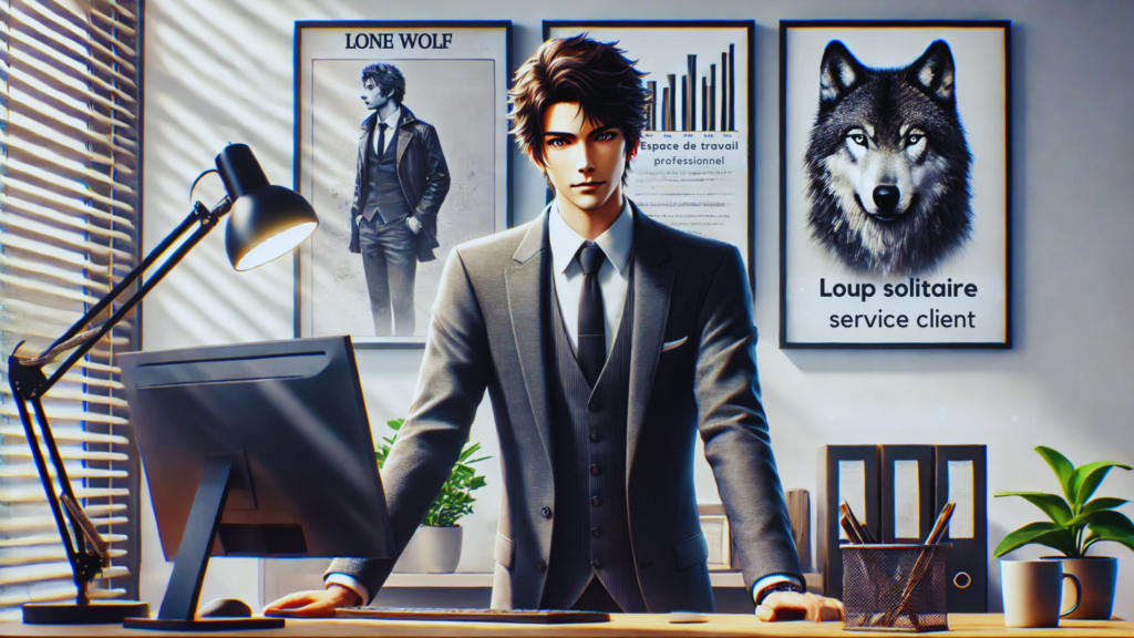 image mettant en scène un professionnel intellectuel travaillant dans le service à la clientèle. Derrière lui, il y a des affiches encadrées d'un loup solitaire, joliment dessinées et accrochées au mur. Le professionnel est stylé et élégant, reflétant l'intelligence et la confiance dans son apparence d'anime moderne.